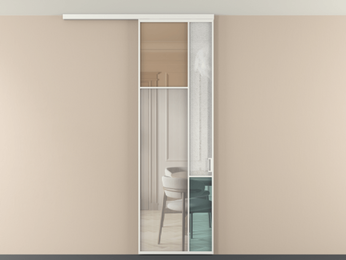 Перегородка Мозаик вдоль стены на потолок 1 створка АЛПР 041.10 Алюминий светло-серый Комбинация стекол Группы 1 и Группы 3 Цена 205350 сом | Volhovec