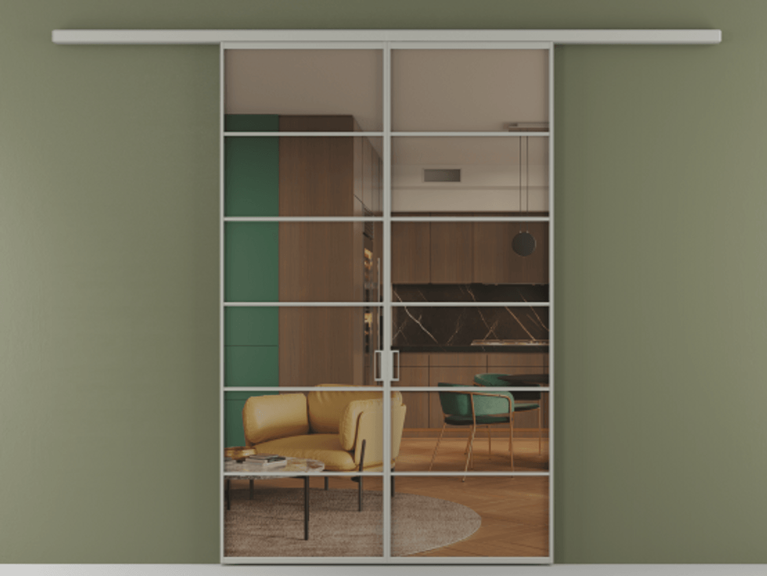 Перегородка Формато вдоль стены 2 створки АЛПР 040.04 Алюминий нейтральный серый Прозрачное бронзовое стекло, триплекс Цена 301610 сом | Volhovec