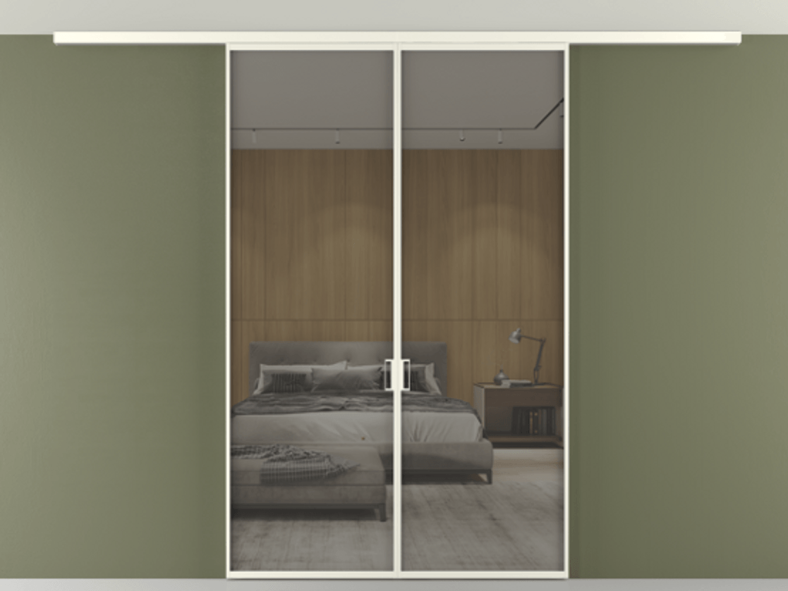 Перегородка Формато вдоль стены на потолок 2 створки АЛПР 040.01 Алюминий жемчужный Рефлективное серое стекло "Стопсол", калёное Цена 337850 сом | Volhovec