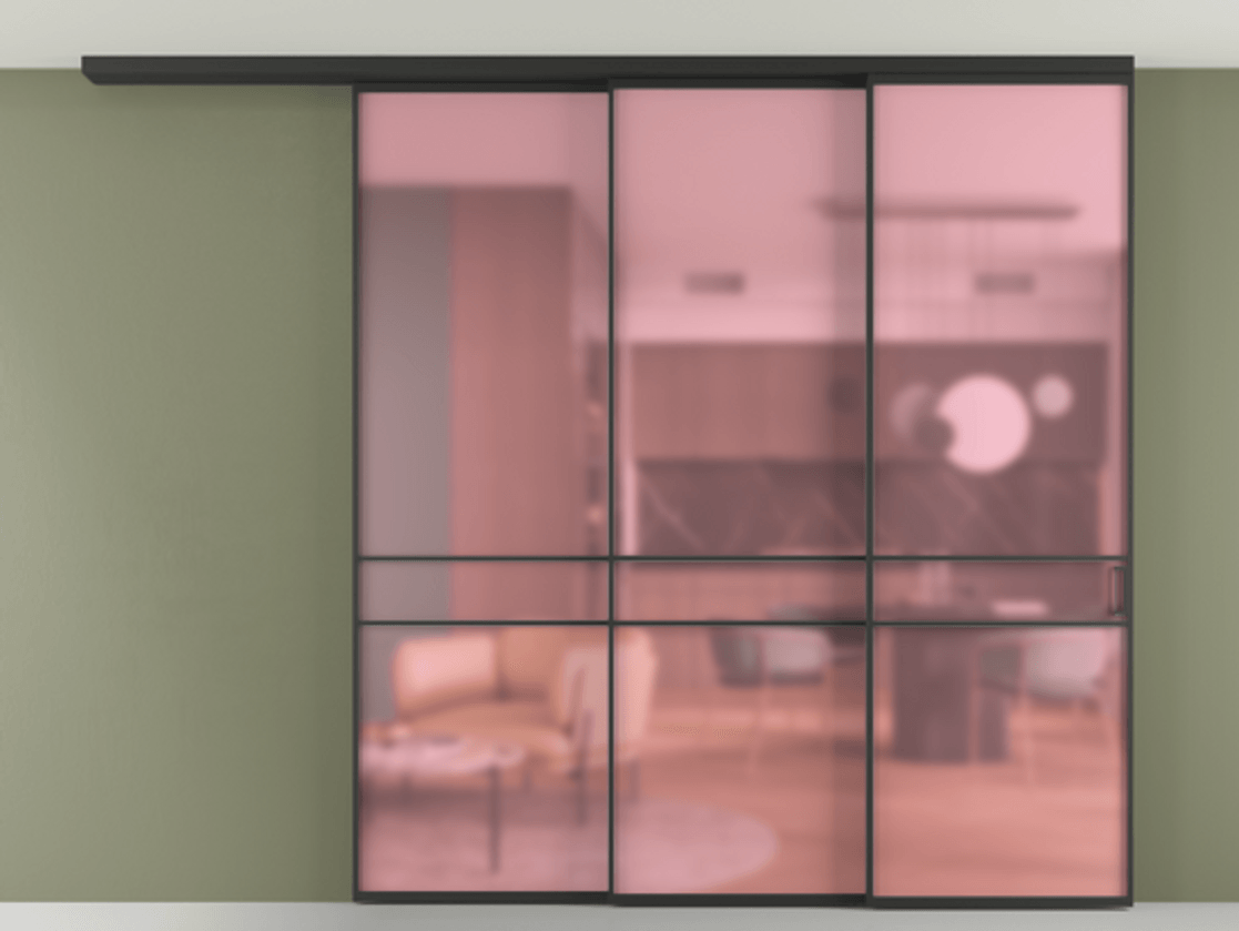 Перегородка Formato вдоль стены на потолок 3 створки с синхронным механизмом АЛПР 040.02 Алюминий Черный Сатинированное розовое стекло, триплекс Цена 549440 сом | Volhovec