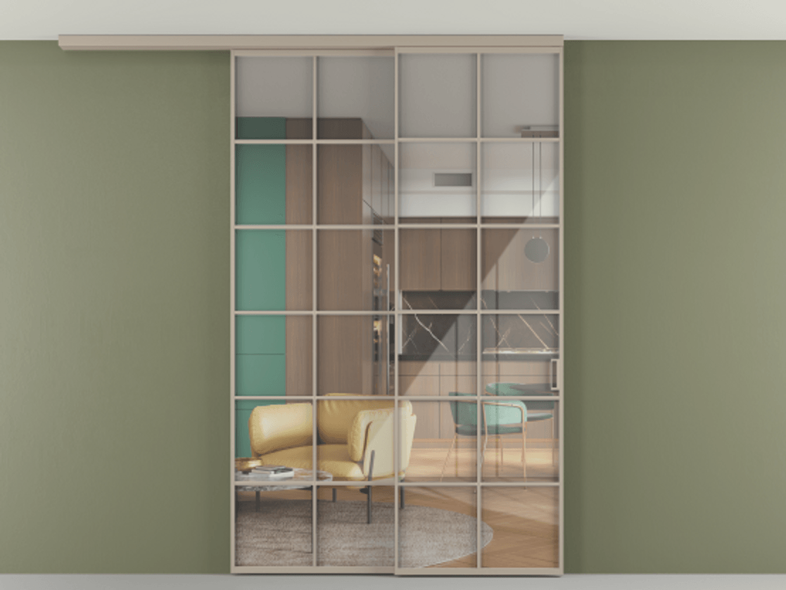 Перегородка Формато вдоль стены на потолок 2 створки с синхронным механизмом АЛПР 040.05 Алюминий бисквитный Рефлективное прозрачное стекло "Стопсол", калёное Цена 443360 сом | Volhovec