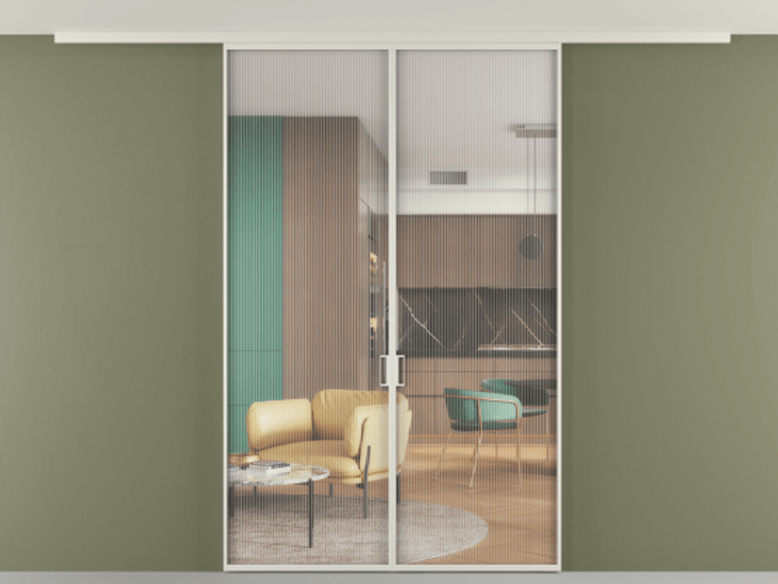 Перегородка Формато вдоль стены на потолок 2 створки АЛПР 040.01 Алюминий Белый Рифлёное стекло "Мору", триплекс Цена 266441 сом | Volhovec