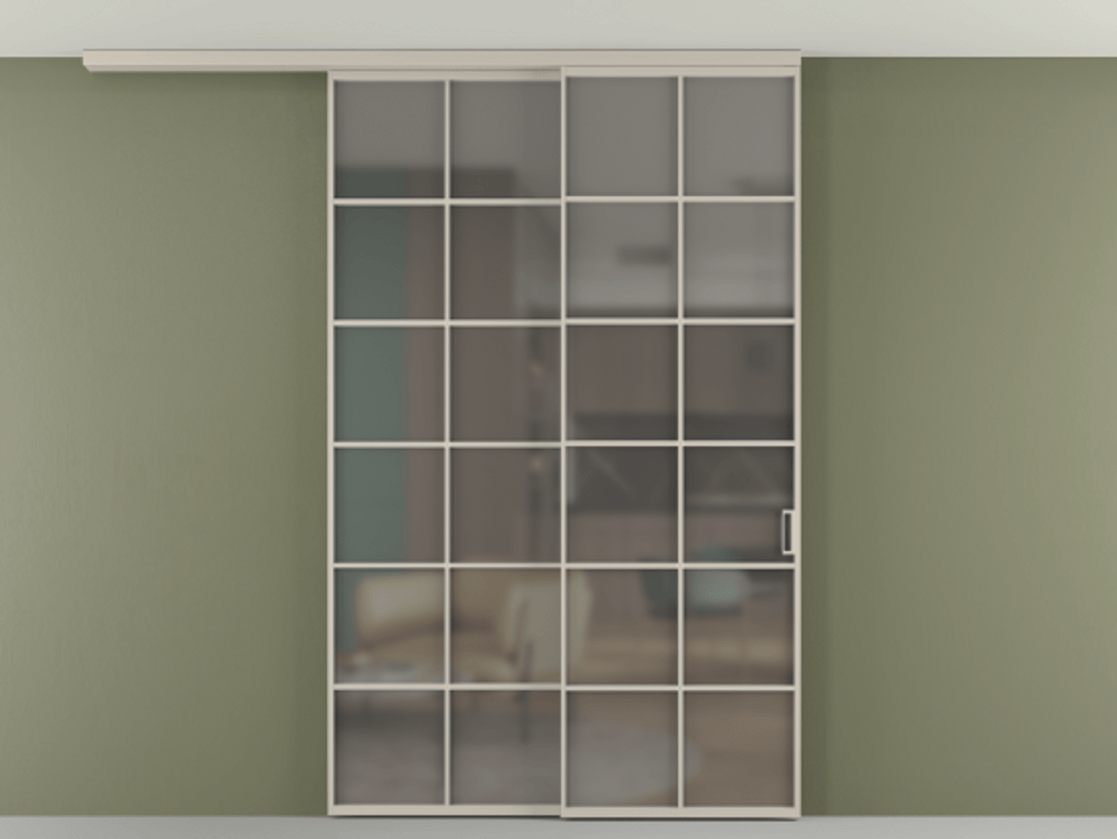 Перегородка Формато вдоль стены на потолок 2 створки с синхронным механизмом АЛПР 040.05 Алюминий светло-бежевый Сатинированное серое стекло, триплекс Цена 424720 сом | Volhovec