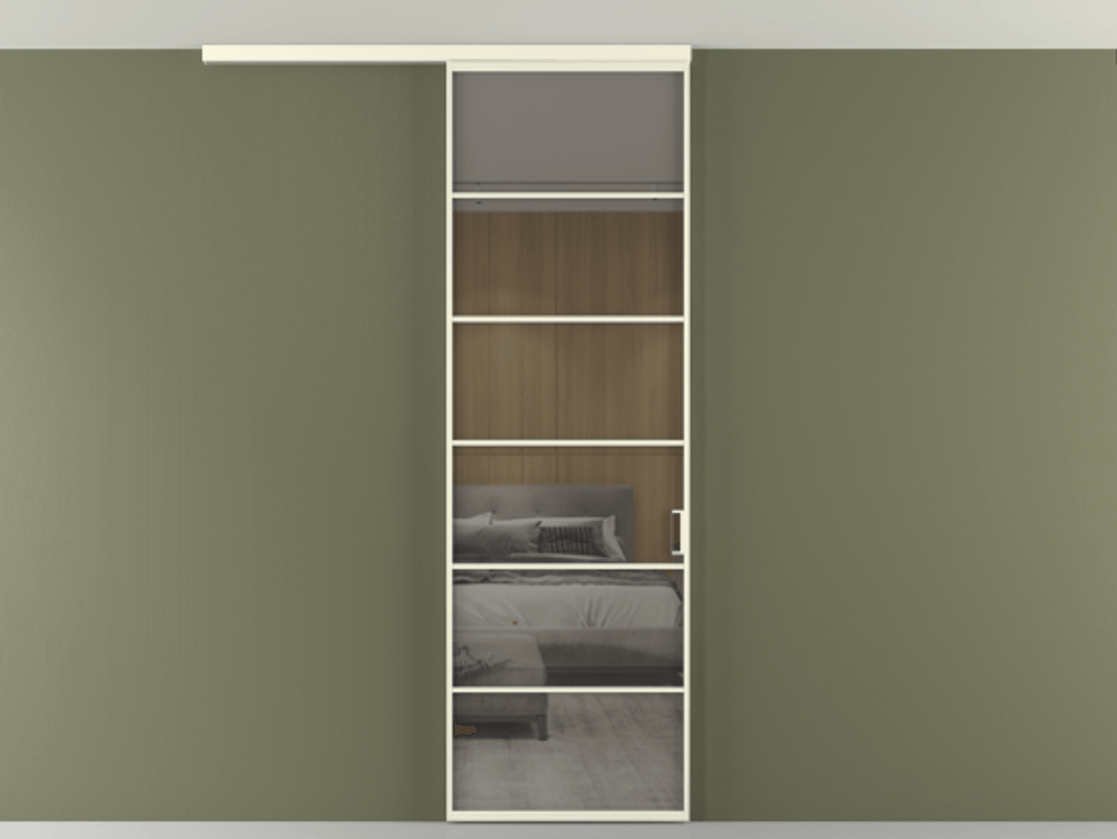 Перегородка Формато вдоль стены на потолок 1 створка АЛПР 040.04 Алюминий молочно-белый Рефлективное серое стекло "Стопсол", калёное Цена 166351 сом | Volhovec