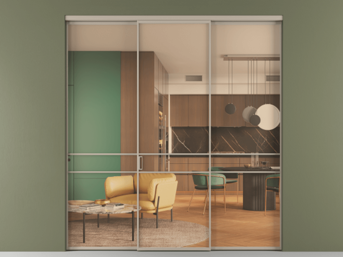 Перегородка Формато внутри проёма 3 створки АЛПР 040.02 Алюминий бисквитный Прозрачное оранжевое стекло, триплекс Цена 345470 сом | Volhovec