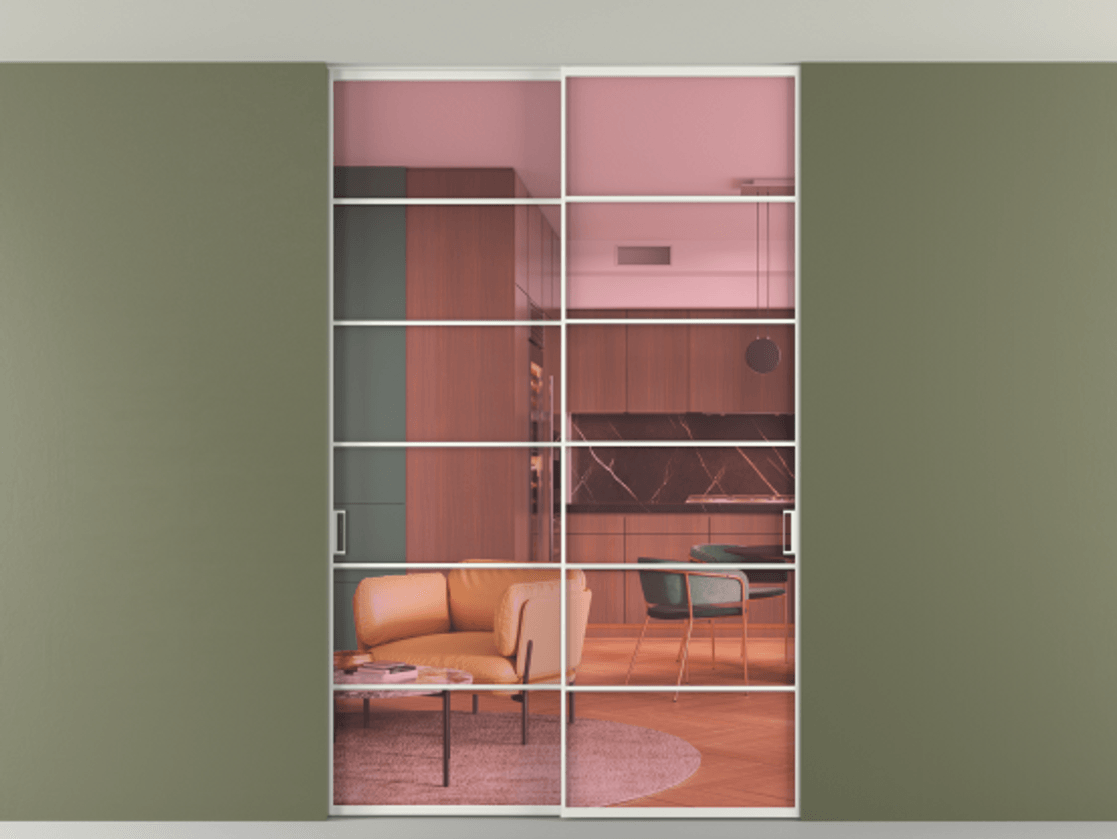 Перегородка Формато внутри проёма скрытое крепление в потолок 2 створки АЛПР 040.04 Алюминий светло-серый Прозрачное розовое стекло, триплекс Цена 380140 сом | Volhovec