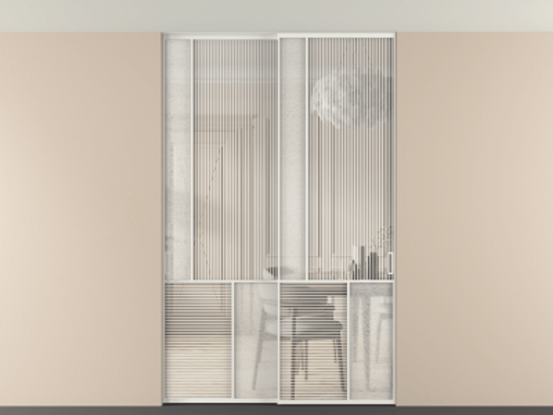 Перегородка Мозаик внутри проёма скрытое крепление в потолок 2 створки АЛПР 041.20 Алюминий светло-серый Рифлёное стекло "Дюна", триплекс, 6 мм + Фактурное стекло "Лёд", триплекс Цена 495880 сом | Volhovec