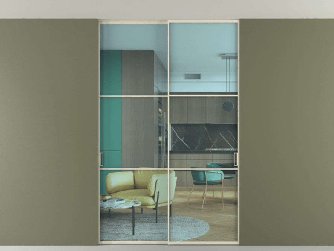 Перегородка Формато внутри проёма скрытое крепление в потолок 2 створки АЛПР 040.03 Алюминий бежево-серый Прозрачное голубое стекло, триплекс Цена 361400 сом | Volhovec