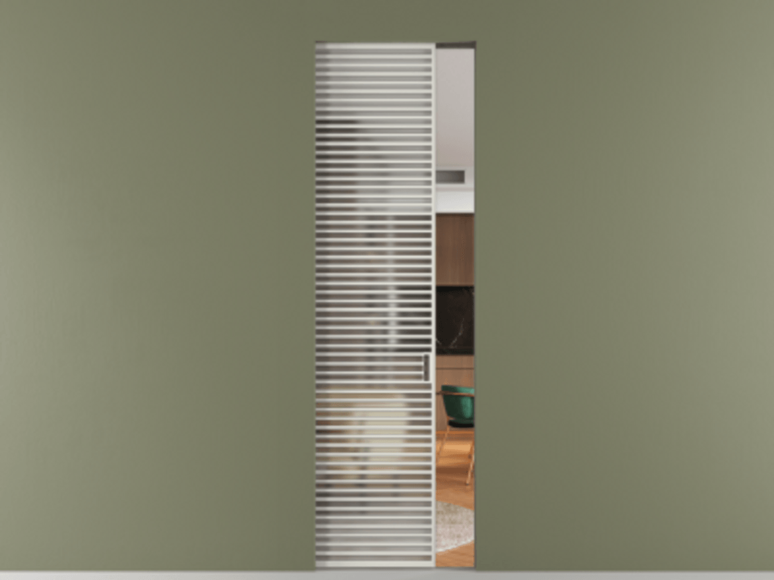 Перегородка Формато скрытый пенал 1 створка АЛПР 040.07 Алюминий Белый Сатинированное стекло "Мателюкс Кристал Вижн", калёное, матовое, каленое 6 мм Цена 201280 сом | Volhovec