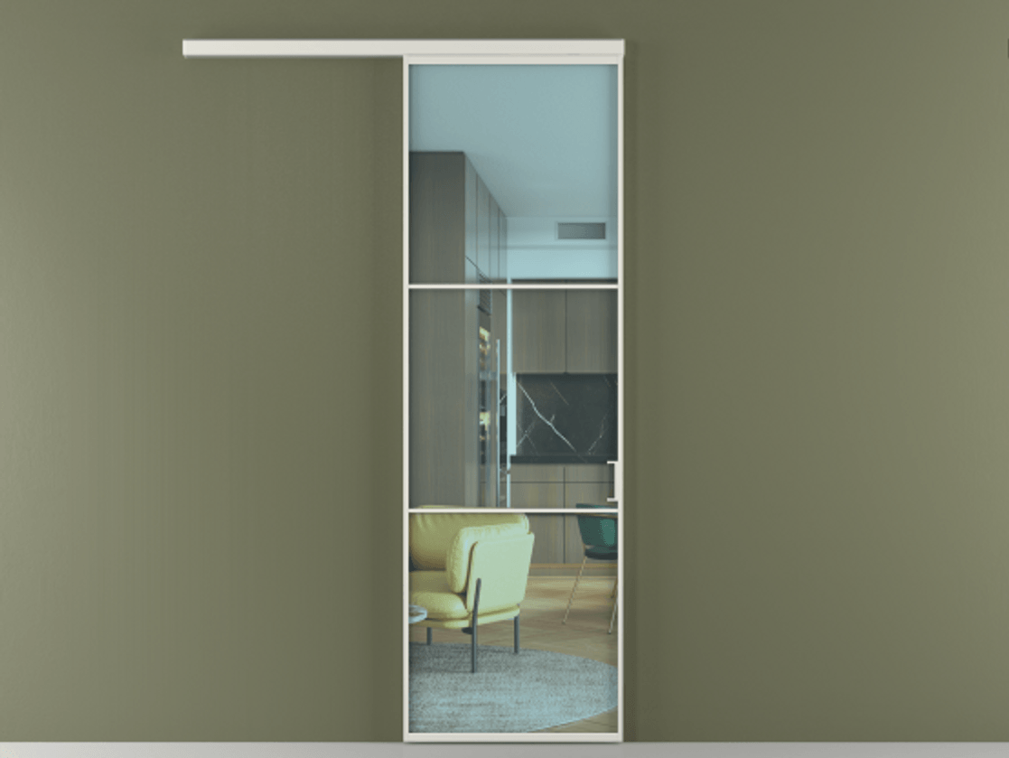 Перегородка Формато вдоль стены 1 створка АЛПР 040.03 Алюминий серый Прозрачное голубое стекло, триплекс Цена 154450 сом  | Volhovec