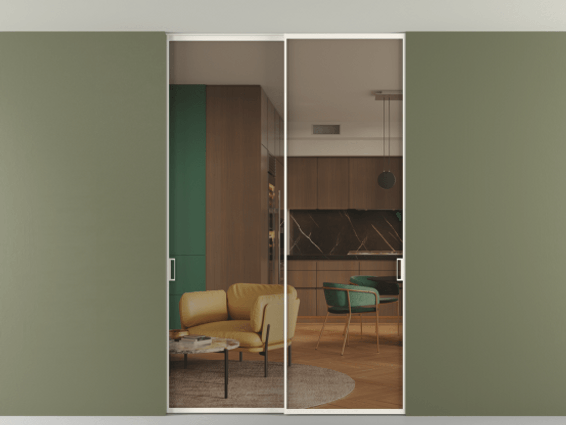 Перегородка Формато внутри проёма скрытое крепление в потолок 2 створки АЛПР 040.01 Алюминий пудровый белый Прозрачное бронзовое стекло, триплекс Цена 348430 сом | Volhovec