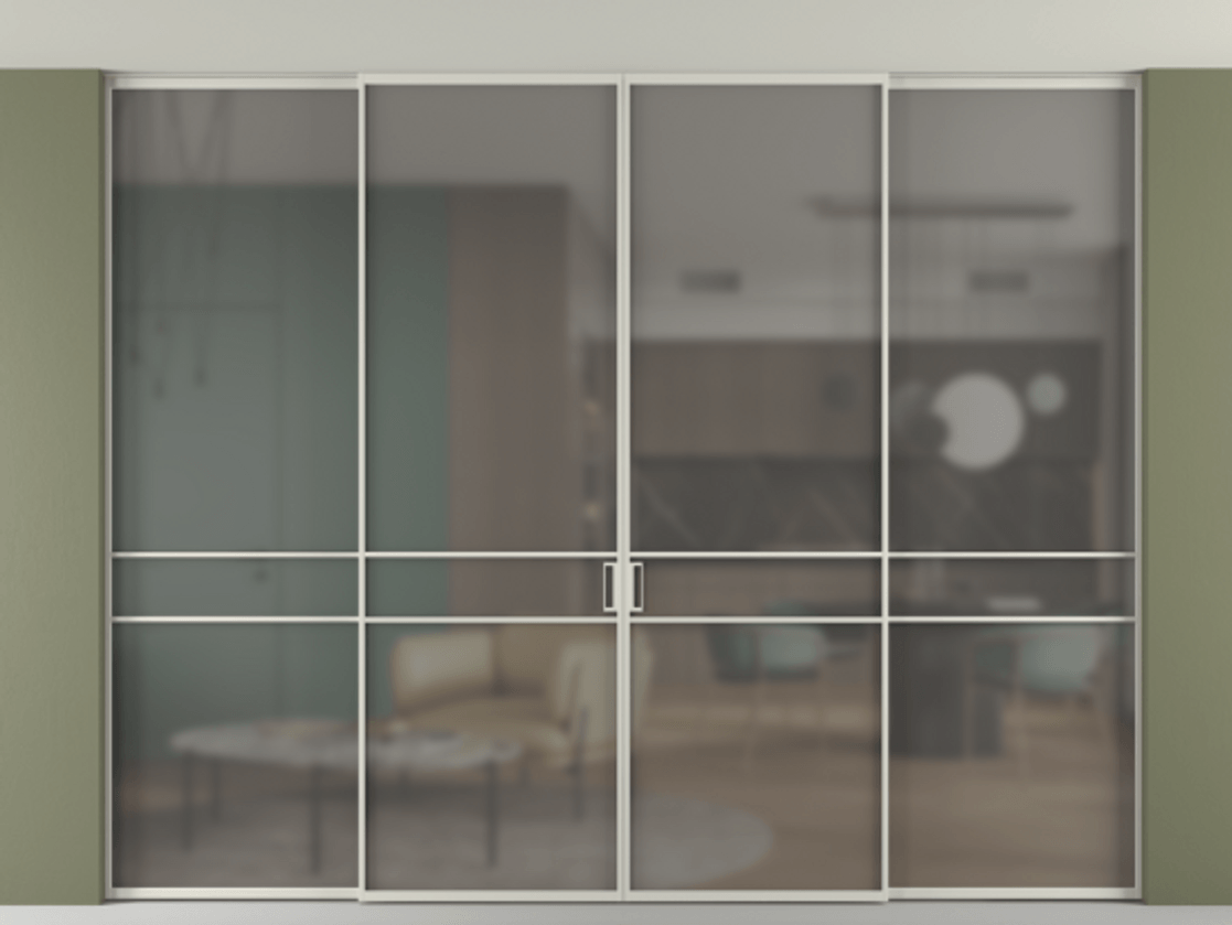 Перегородка Формато внутри проёма скрытое крепление в потолок 4 створки АЛПР 040.02 Алюминий тёплый серый Сатинированное серое стекло, триплекс Цена 641410 сом | Volhovec