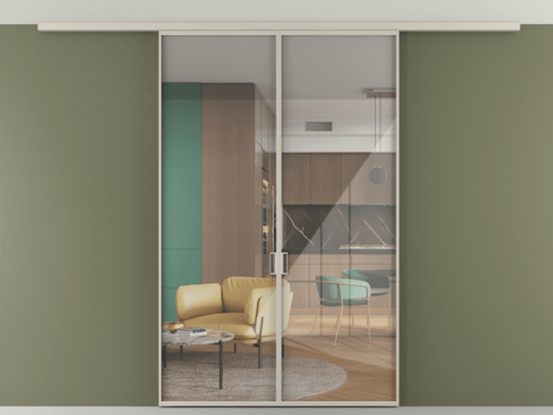 Перегородка Формато вдоль стены на потолок 2 створки АЛПР 040.01 Алюминий светло-бежевый Рефлективное прозрачное стекло "Стопсол", калёное Цена 288540 сом | Volhovec