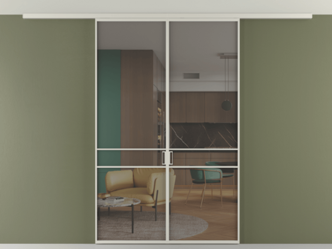 Перегородка Формато вдоль стены на потолок 2 створки АЛПР 040.02 Алюминий тёплый серый Прозрачное серое стекло, триплекс Цена 331850 сом | Volhovec