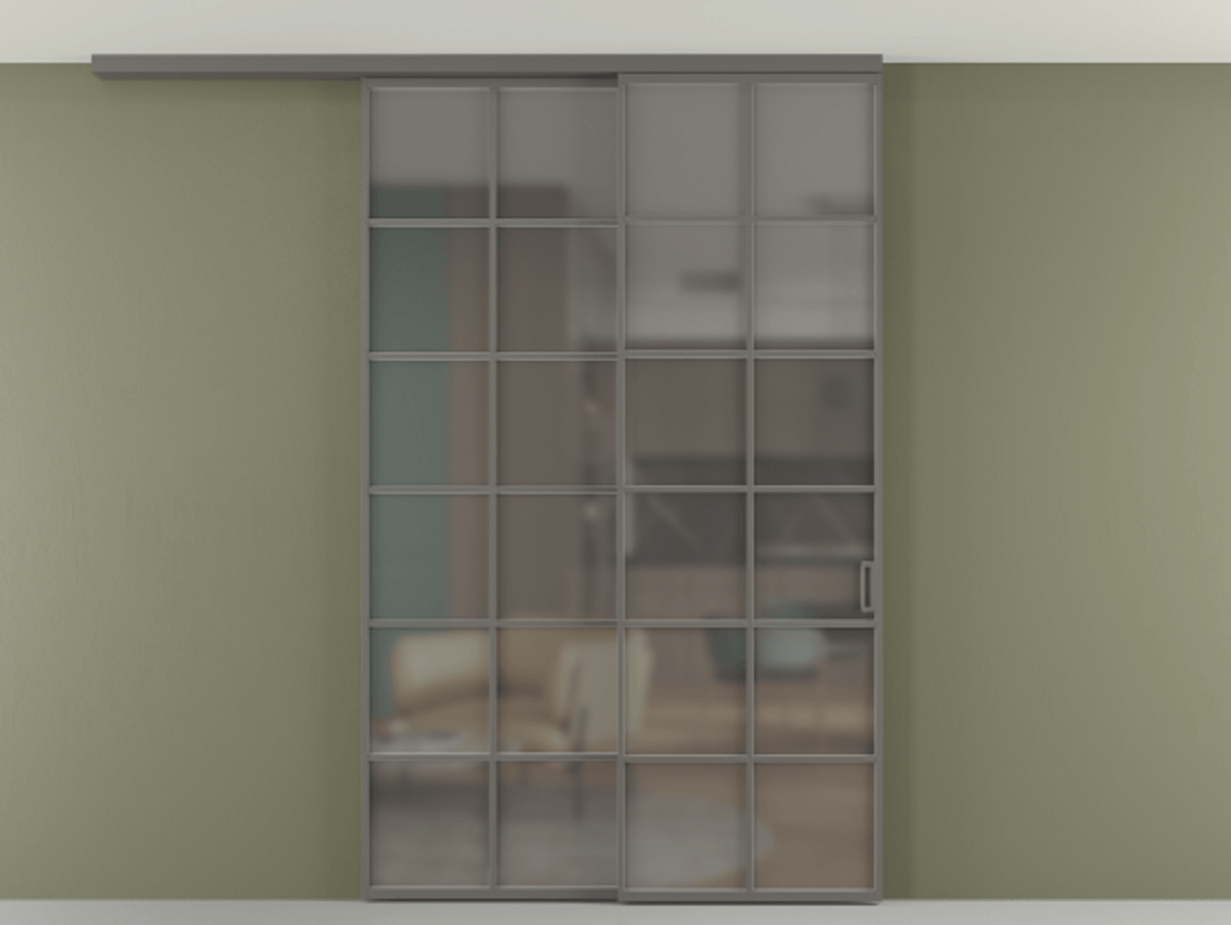 Перегородка Формато вдоль стены на потолок 2 створки с синхронным механизмом АЛПР 040.05 Алюминий классический серый Сатинированное серое стекло, триплекс Цена 424720 сом | Volhovec