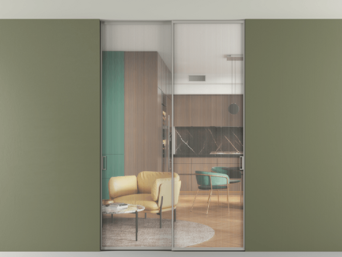 Перегородка Формато внутри проёма скрытое крепление в потолок 2 створки АЛПР 040.01 Алюминий нейтральный серый Рифлёное стекло "Мору", триплекс Цена 251305 ₽ | Volhovec