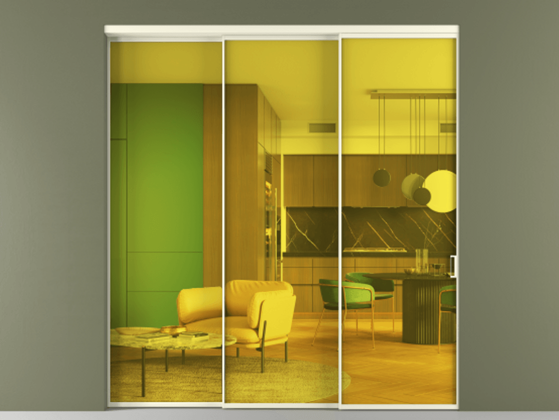 Перегородка Formato внутри проёма 3 створки с синхронным механизмом АЛПР 040.01 Алюминий молочно-белый Прозрачное жёлтое стекло, триплекс Цена 482780.2 сом  | Volhovec