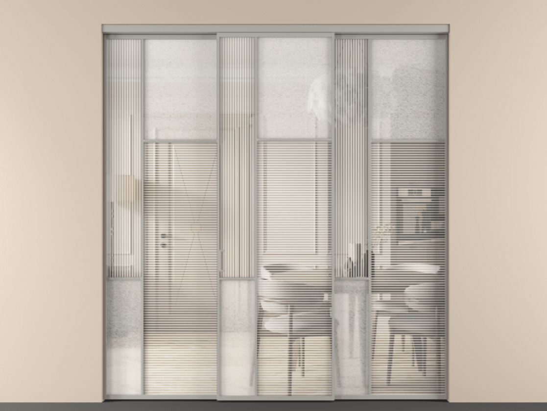 Перегородка Мозаик внутри проёма 3 створки АЛПР 041.11 Алюминий нейтральный серый Рифлёное стекло "Дюна", триплекс, 6 мм + Фактурное стекло "Лёд", триплекс Цена 532010 сом | Volhovec