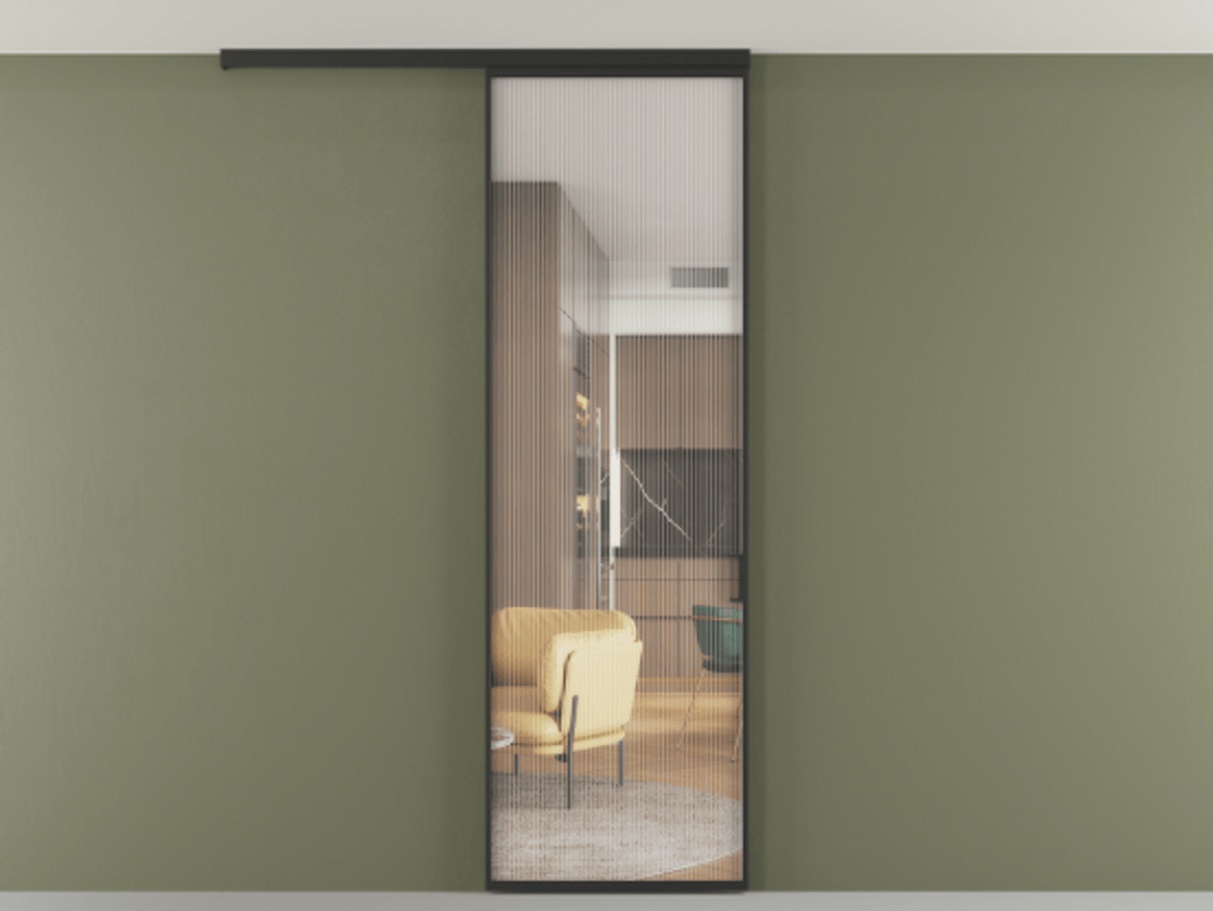 Перегородка Формато вдоль стены на потолок 1 створка АЛПР 040.01 Алюминий Черный Рифлёное стекло "Мору", триплекс Цена 138170 сом | Volhovec