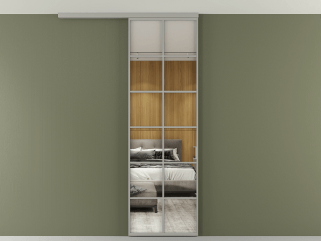 Перегородка Формато вдоль стены на потолок 1 створка АЛПР 040.05 Алюминий нейтральный серый Двустороннее зеркало, триплекс , триплекс 6 мм Цена 5620 AZE | Volhovec