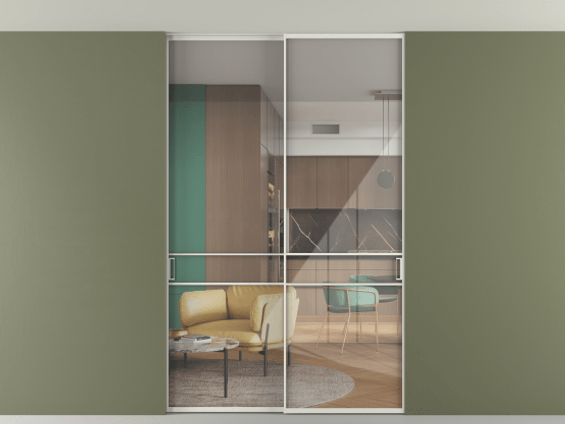 Перегородка Формато внутри проёма скрытое крепление в потолок 2 створки АЛПР 040.02 Алюминий серый Рефлективное прозрачное стекло "Стопсол", калёное Цена 444840 сом | Volhovec