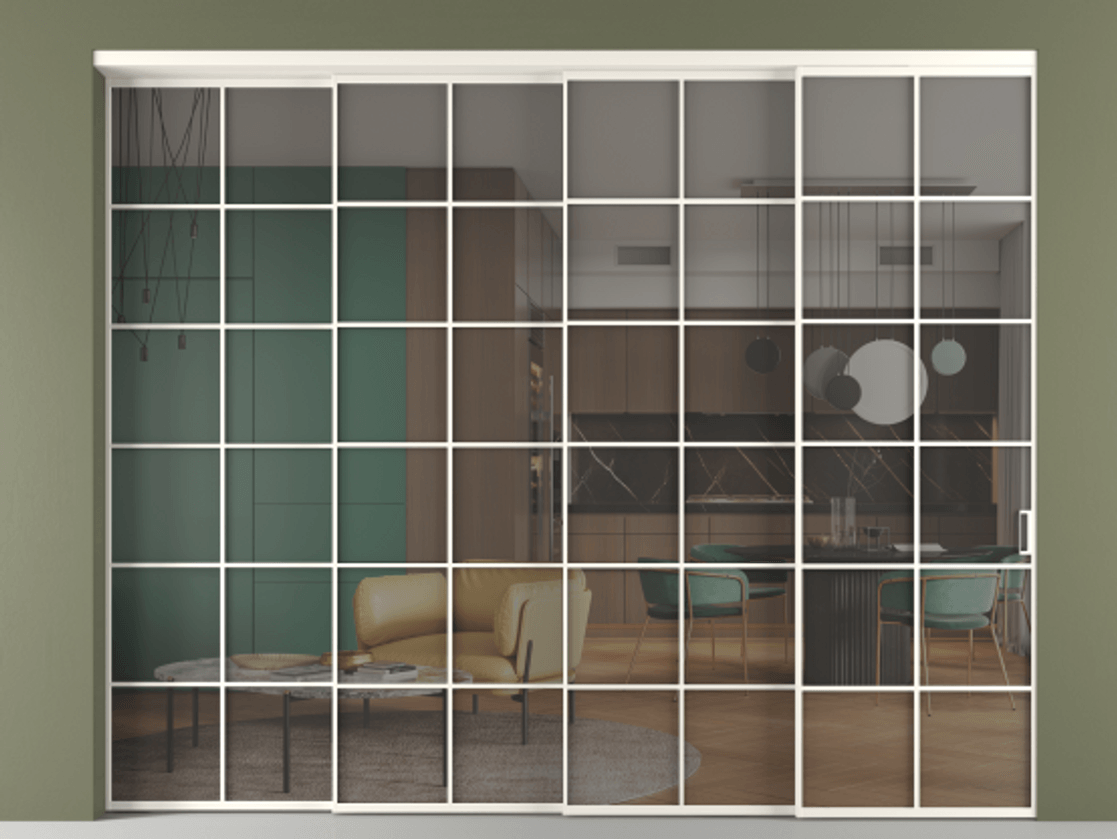 Перегородка Формато внутри проёма 4 створки с синхронным механизмом АЛПР 040.05 Алюминий пудровый белый Прозрачное серое стекло, триплекс. Цена 711520 сом 1. Полотно 4 шт. (800/2100 мм)
2. Комплект установки раздвижной системы
3. Базовый комплект фурнитуры
4. Комплект фурнитуры телескопик синхро-3
5. Ручка Рондо. Фабрика дверей Волховец 8 (800) 551 43 19 Перегородка Формато внутри проёма 4 створки с синхронным механизмом АЛПР 040.05 Алюминий пудровый белый Прозрачное серое стекло, триплекс Цена 711520 сом | Volhovec