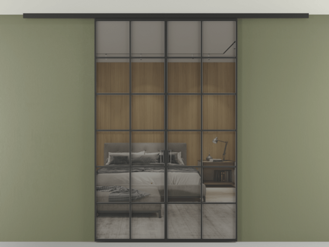 Перегородка Формато вдоль стены на потолок 2 створки АЛПР 040.05 Алюминий Черный Рефлективное серое стекло "Стопсол", калёное Цена 365720 сом | Volhovec