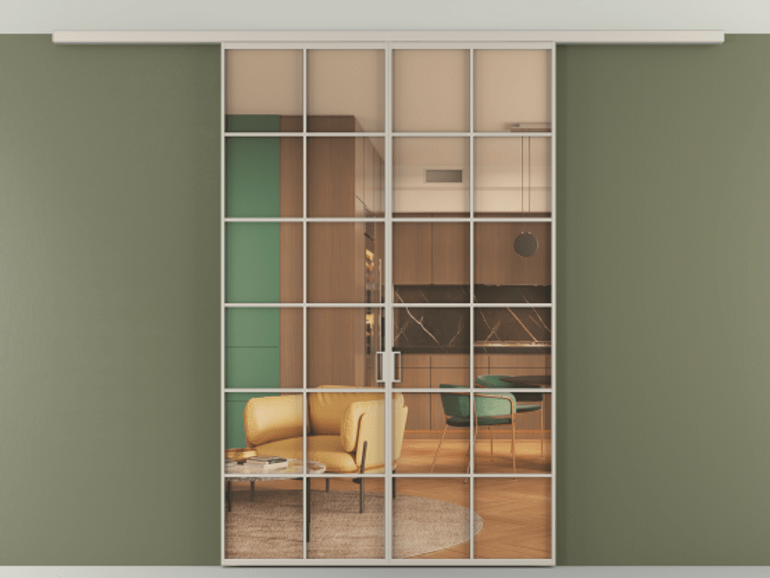 Перегородка Формато вдоль стены на потолок 2 створки АЛПР 040.05 Алюминий светло-бежевый Прозрачное оранжевое стекло, триплекс Цена 290450 сом | Volhovec