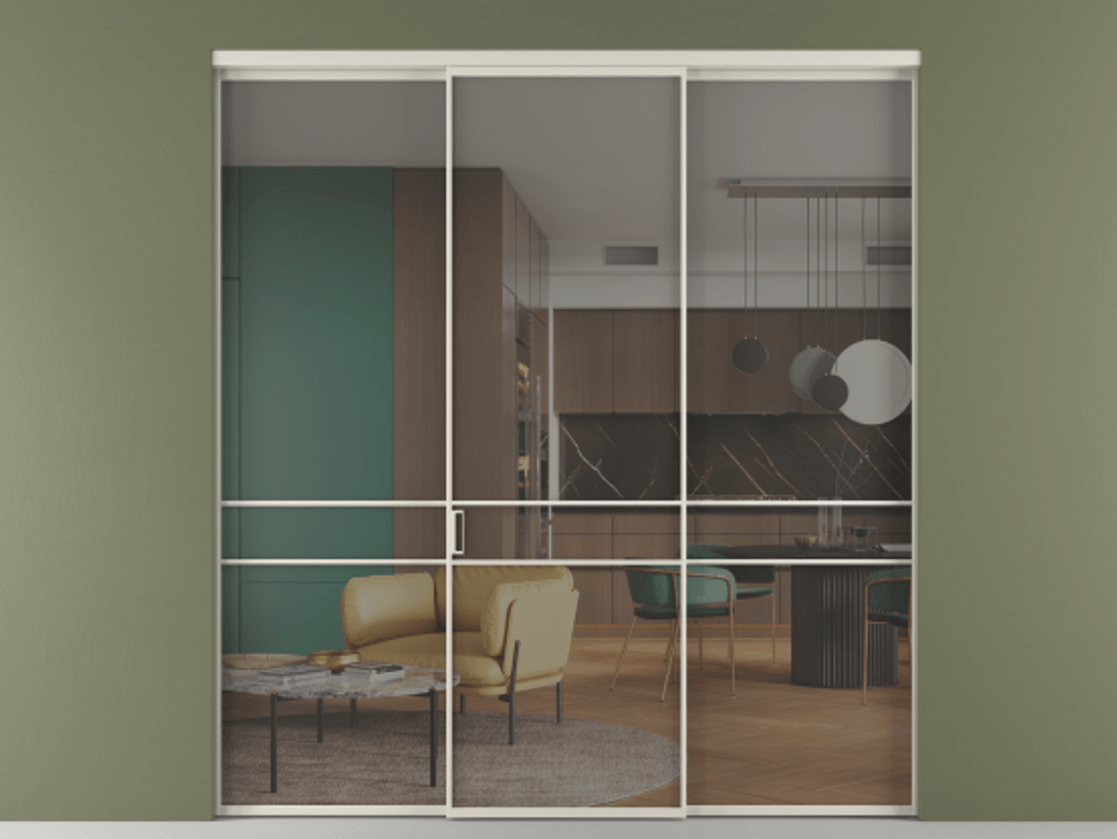 Перегородка Формато внутри проёма 3 створки АЛПР 040.02 Алюминий облачно-серый Рефлективное серое стекло "Стопсол", калёное Цена 462430 сом | Volhovec