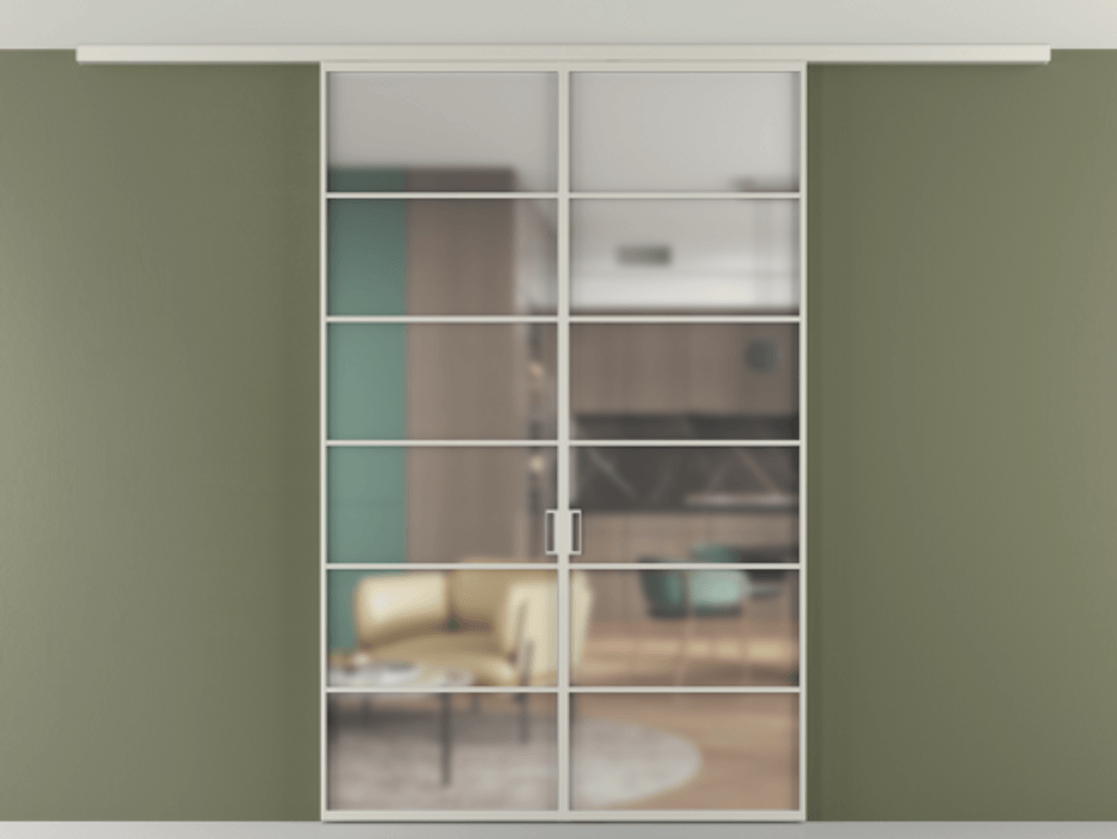 Перегородка Формато вдоль стены на потолок 2 створки АЛПР 040.04 Алюминий тёплый серый Сатинированное стекло "Мателюкс Кристал Вижн", калёное, матовое, каленое 6 мм Цена 380130 сом | Volhovec