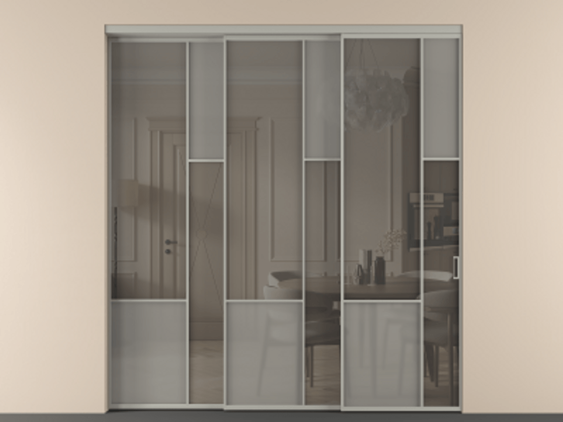 Перегородка Мозаик внутри проёма 3 створки с синхронным механизмом АЛПР 041.12 Алюминий нейтральный серый Сатинированное серое стекло, триплекс, 6 мм + Прозрачное серое стекло, триплекс Цена 636840 сом | Volhovec