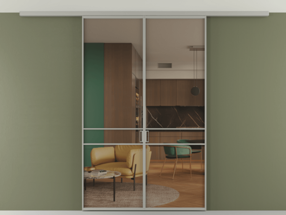 Перегородка Формато вдоль стены на потолок 2 створки АЛПР 040.02 Алюминий нейтральный серый Прозрачное бронзовое стекло, триплекс Цена 271710 сом | Volhovec