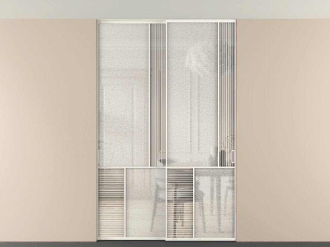 Перегородка Мозаик внутри проёма скрытое крепление в потолок 2 створки АЛПР 041.21 Алюминий пудровый белый Рифлёное стекло "Дюна", триплекс, 6 мм + Фактурное стекло "Лёд", триплекс. Цена 495880 сом . Фабрика дверей Волховец 8 (800) 551 43 19 Перегородка Мозаик внутри проёма скрытое крепление в потолок 2 створки АЛПР 041.21 Алюминий пудровый белый Рифлёное стекло "Дюна", триплекс, 6 мм + Фактурное стекло "Лёд", триплекс Цена 495880 сом | Volhovec