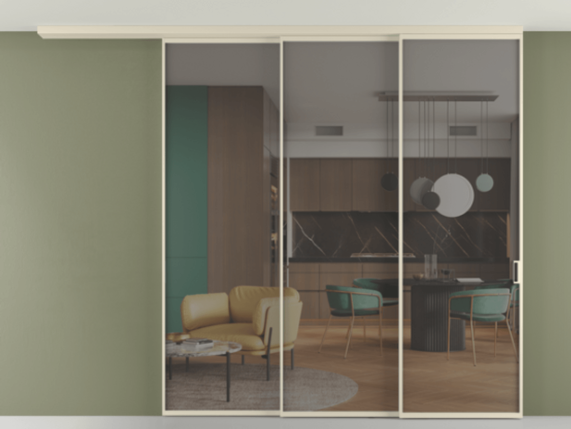 Перегородка Формато вдоль стены на потолок 3 створки с синхронным механизмом АЛПР 040.01 Алюминий бежево-серый Прозрачное серое стекло, триплекс Цена 556350 сом | Volhovec