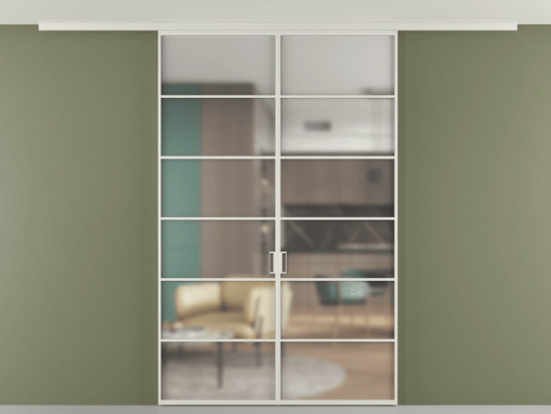 Перегородка Формато вдоль стены на потолок 2 створки АЛПР 040.04 Алюминий Белый Сатинированное стекло "Мателюкс Кристал Вижн", калёное, матовое, каленое 6 мм Цена 365720 сом | Volhovec