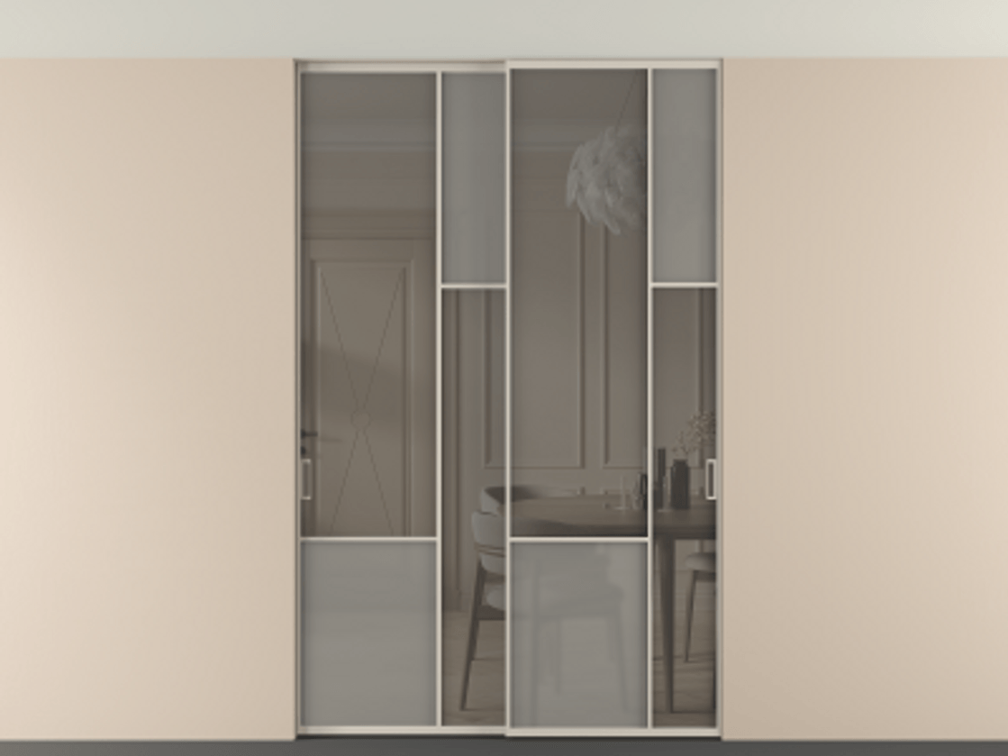 Перегородка Мозаик внутри проёма скрытое крепление в потолок 2 створки АЛПР 041.12 Алюминий светло-бежевый Сатинированное серое стекло, триплекс, 6 мм + Прозрачное серое стекло, триплекс Цена 472590 сом | Volhovec