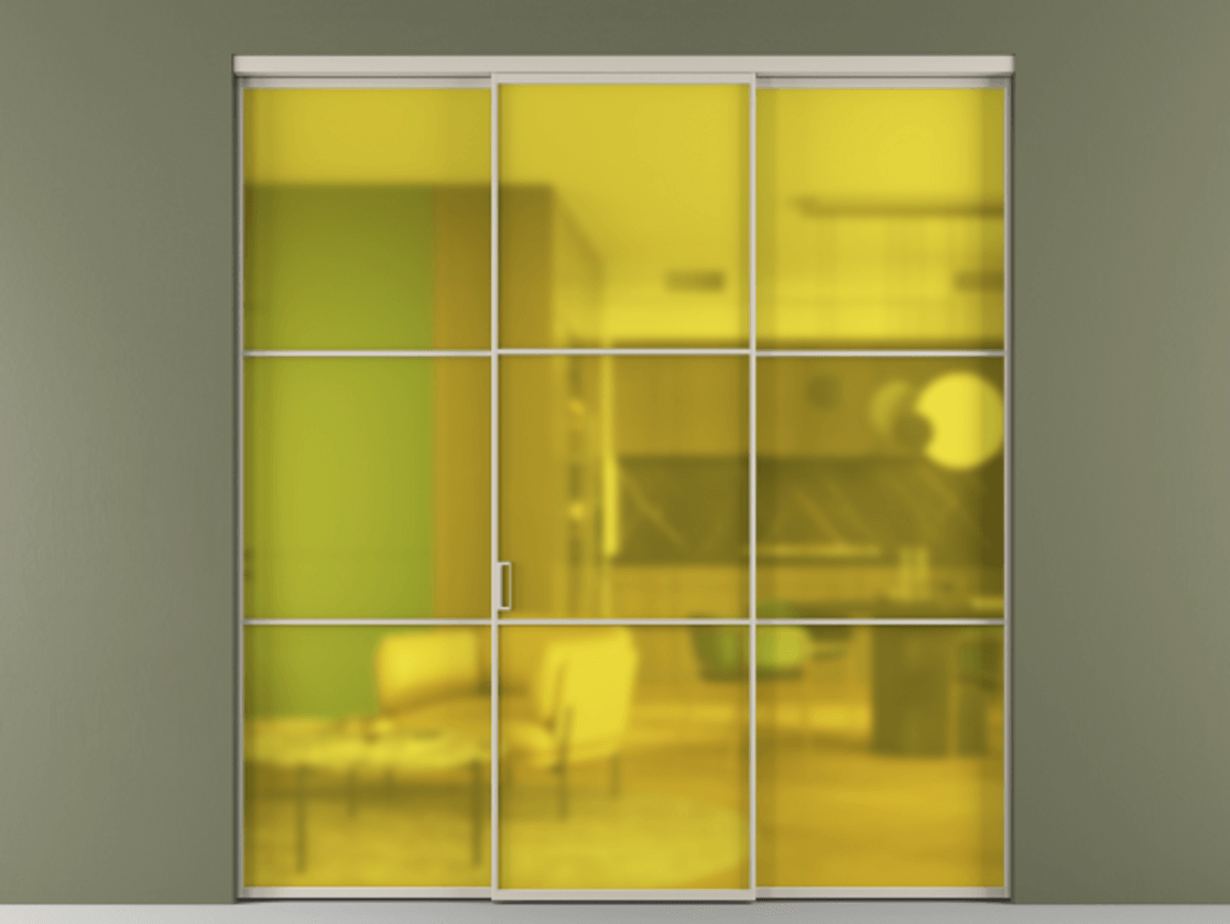 Перегородка Формато внутри проёма 3 створки АЛПР 040.03 Алюминий светло-бежевый Сатинированное жёлтое стекло, триплекс Цена 237275 ₽ | Volhovec