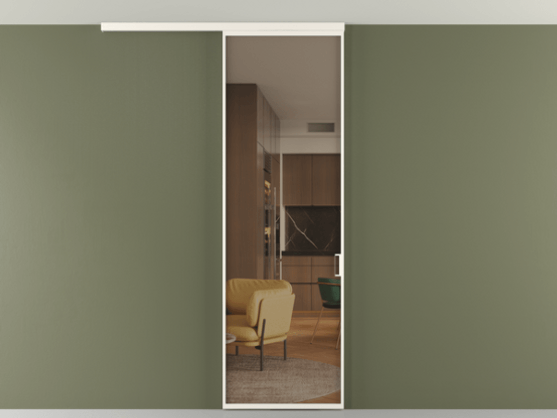 Перегородка Формато вдоль стены на потолок 1 створка АЛПР 040.01 Алюминий пудровый белый Прозрачное бронзовое стекло, триплекс Цена 134540 сом | Volhovec