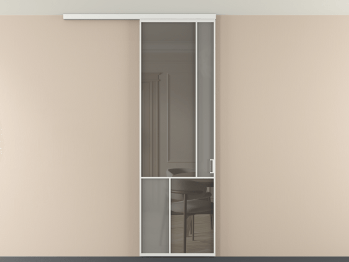 Перегородка Мозаик вдоль стены на потолок 1 створка АЛПР 041.21 Алюминий белоснежный Сатинированное серое стекло, триплекс, 6 мм + Прозрачное серое стекло, триплекс Цена 135040 ₽ | Volhovec