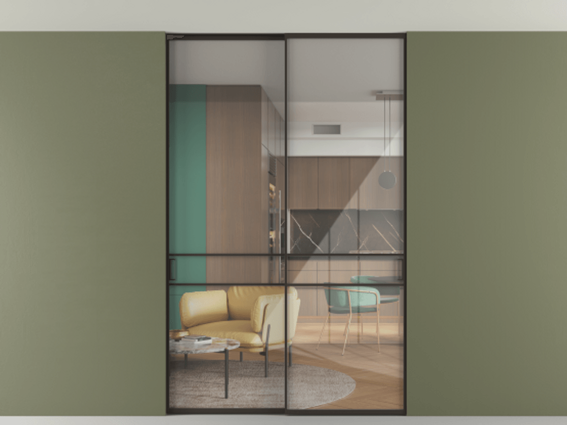 Перегородка Formato внутри проёма скрытое крепление в потолок 2 створки АЛПР 040.02 Алюминий антрацит Рефлективное прозрачное стекло "Stopsol", калёное Цена 444840 сом | Volhovec