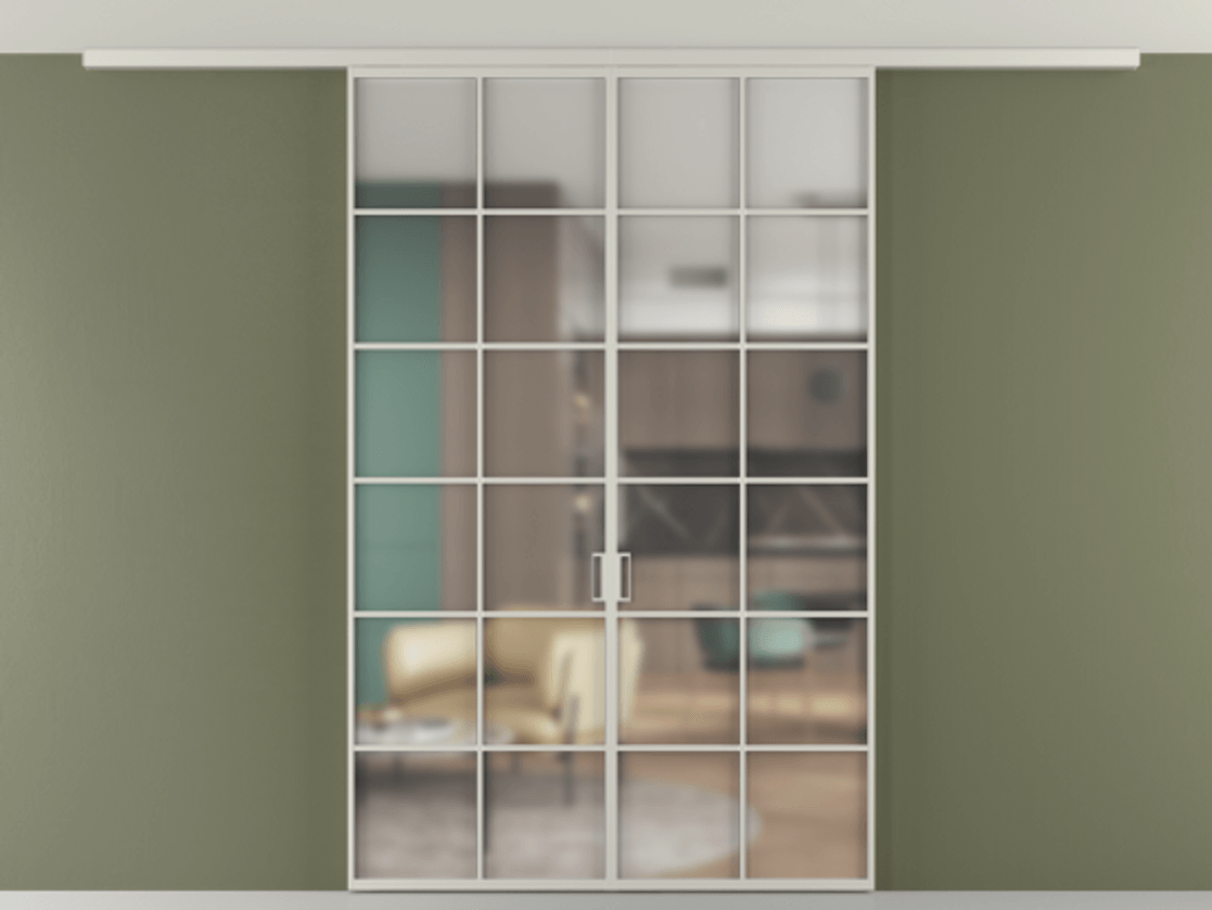 Перегородка Формато вдоль стены на потолок 2 створки АЛПР 040.05 Алюминий тёплый серый Сатинированное стекло "Мателюкс Кристал Вижн", калёное, матовое, каленое 6 мм Цена 380130 сом | Volhovec