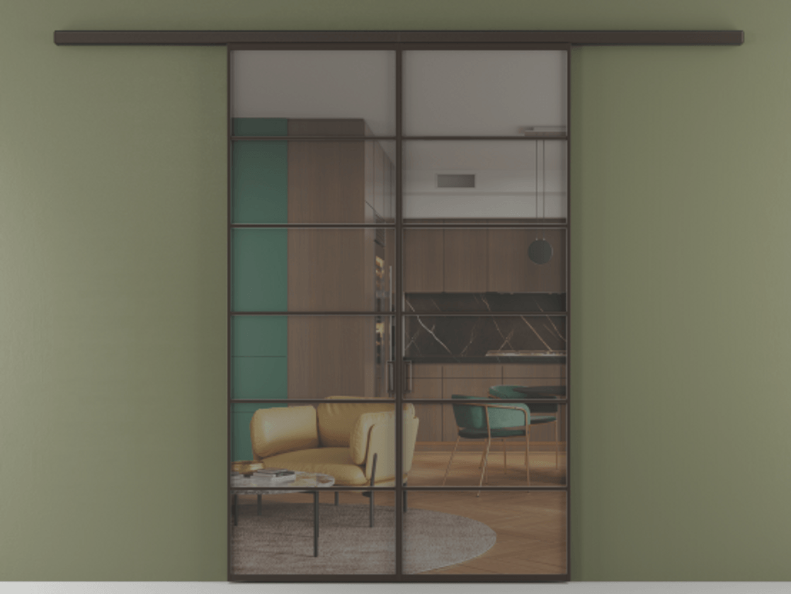 Перегородка Формато вдоль стены 2 створки АЛПР 040.04 Алюминий антрацит Прозрачное серое стекло, триплекс Цена 301610 сом | Volhovec