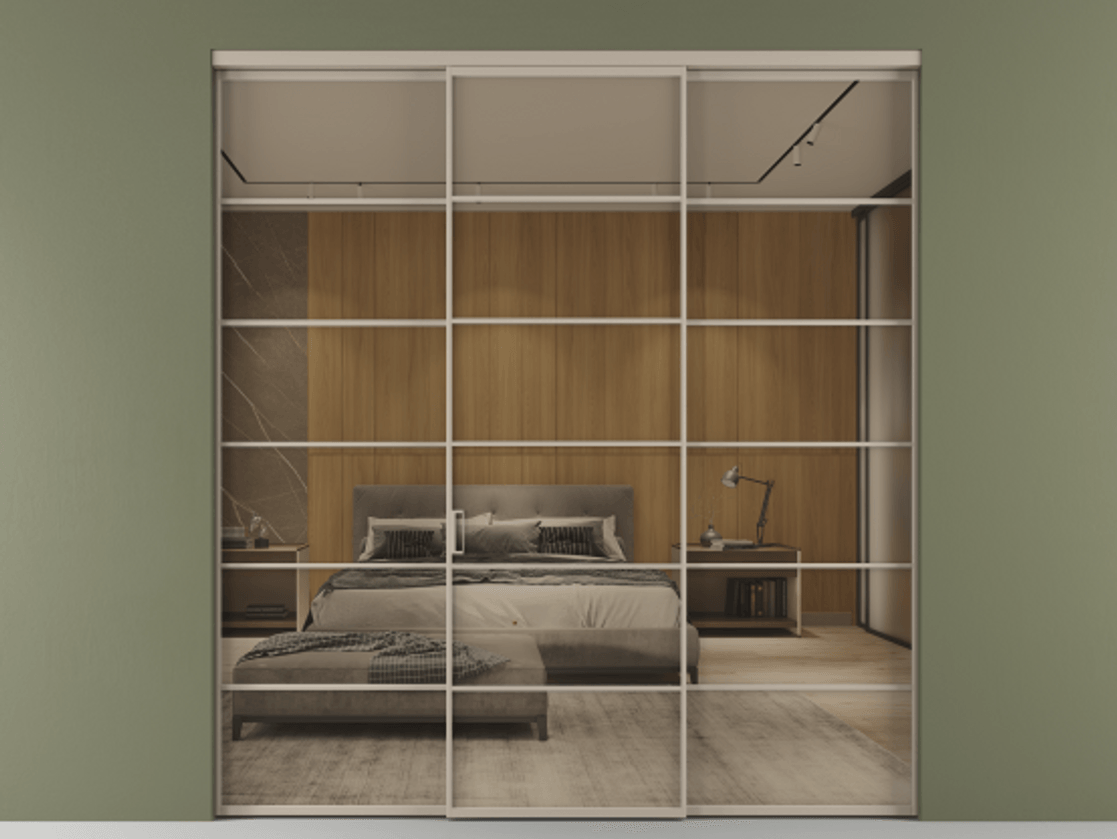 Перегородка Формато внутри проёма 3 створки АЛПР 040.04 Алюминий бисквитный Рефлективное бронзовое стекло "Стопсол", калёное Цена 496500 сом | Volhovec