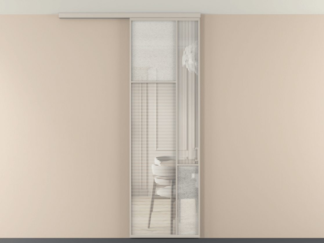 Перегородка Мозаик вдоль стены на потолок 1 створка АЛПР 041.10 Алюминий светло-бежевый Рифлёное стекло "Дюна", триплекс, 6 мм + Фактурное стекло "Лёд", триплекс Цена 208270 сом | Volhovec