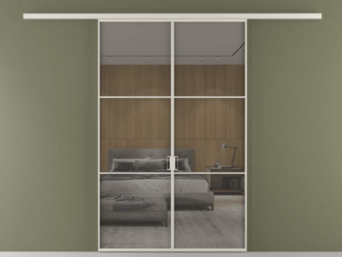 Перегородка Формато вдоль стены 2 створки АЛПР 040.03 Алюминий облачно-серый Рефлективное серое стекло "Стопсол", калёное Цена 362540 сом | Volhovec