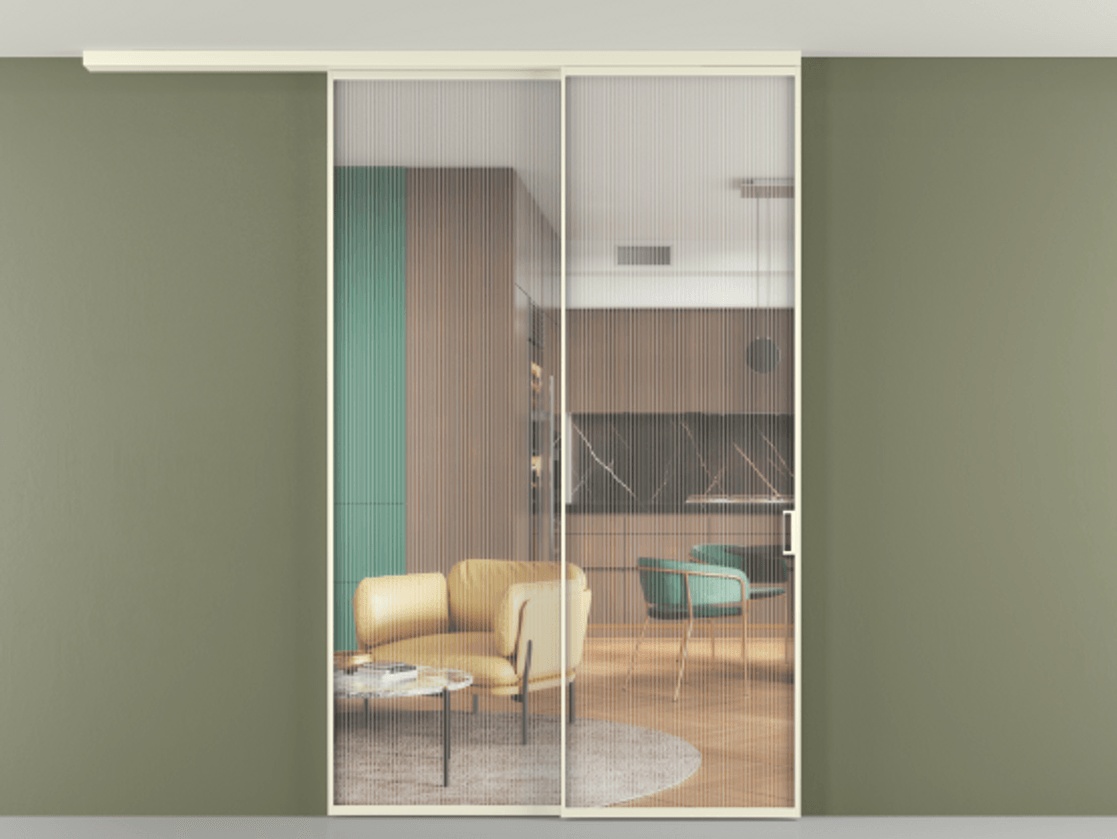 Перегородка Формато вдоль стены на потолок 2 створки с синхронным механизмом АЛПР 040.01 Алюминий молочно-белый Рифлёное стекло "Мору", триплекс Цена 409530 сом | Volhovec