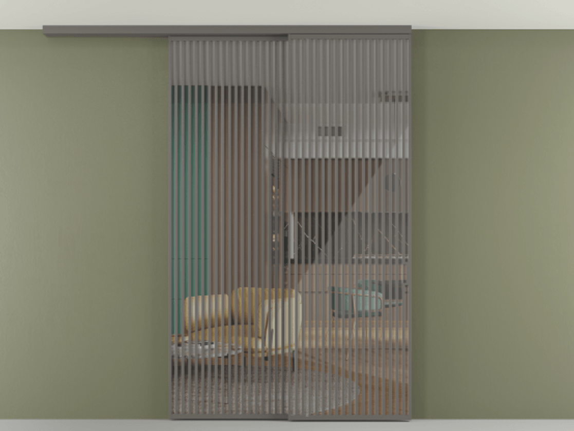 Перегородка Формато вдоль стены на потолок 2 створки с синхронным механизмом АЛПР 040.06 Алюминий классический серый Рефлективное прозрачное стекло "Стопсол", калёное Цена 674501 сом | Volhovec