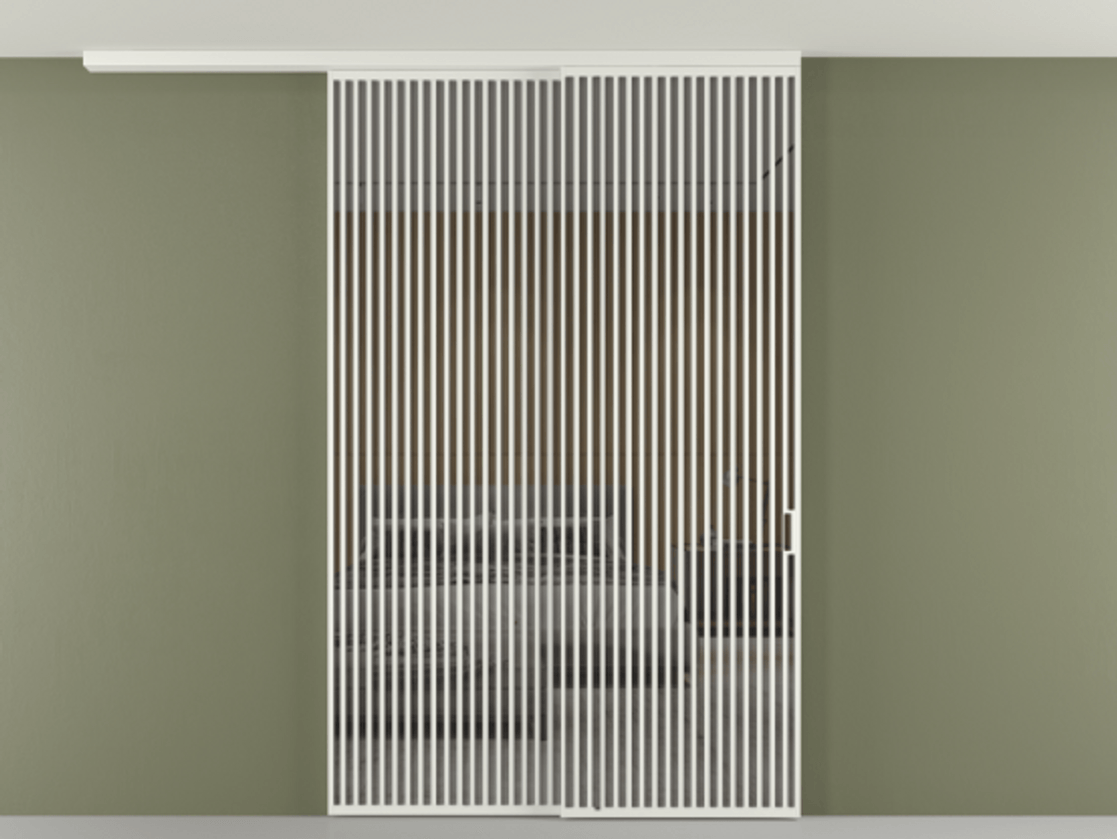 Перегородка Формато вдоль стены на потолок 2 створки с синхронным механизмом АЛПР 040.06 Алюминий светло-серый Рефлективное серое стекло "Стопсол", калёное Цена 790050 сом | Volhovec