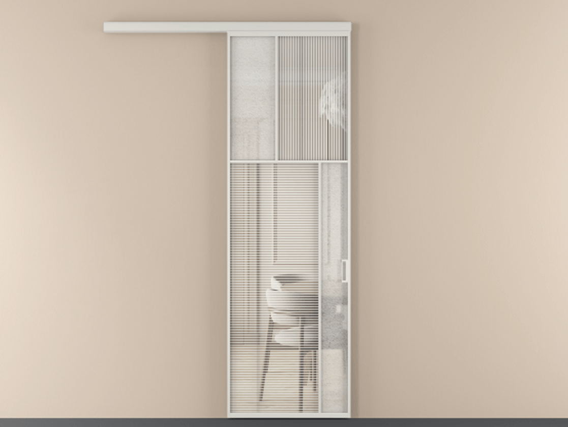 Перегородка Mosaic вдоль стены 1 створка АЛПР 041.23 Алюминий Белый Рифлёное стекло "Дюна", триплекс, 6 мм + Фактурное стекло "Лёд", триплекс Цена 202950 сом | Volhovec