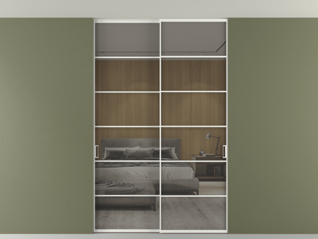 Перегородка Формато внутри проёма скрытое крепление в потолок 2 створки АЛПР 040.04 Алюминий светло-серый Рефлективное серое стекло "Стопсол", калёное Цена 469820 сом | Volhovec